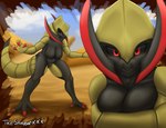 anthro big_breasts black_body breasts cloud desert featureless_breasts featureless_crotch female looking_at_viewer red_eyes sky solo thick_thighs thesnapperxxx nintendo pokemon generation_5_pokemon haxorus humanoid pokemon_(species) hi_res