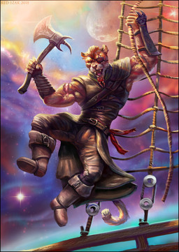 anthro armor attack axe beard boots clothing cosmic_background facial_hair footwear hair leather leather_armor melee_weapon pirate red_beard red_facial_hair red_hair ship shoes solo space swinging vehicle watercraft weapon red-izak disney treasure_planet nasir_(confede) felid feline mammal 2018 digital_media_(artwork)