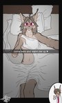 anime_nosebleed anthro bed bedding biped bite biting_lip black_border blanket blood blush blush_lines bodily_fluids border breasts brown_body brown_fur brown_hair caption caption_box cellphone chibi clothing coat covering covering_breasts covering_crotch covering_self duo ear_tuft electronics female fluffy fur furniture hair hand_on_breast heart_symbol holding_object holding_phone inside lab_coat long_hair looking_at_object looking_at_phone looking_at_viewer lying male medium_hair multicolored_body multicolored_fur navel nosebleed on_back on_bed overlay_layer phone pillow pink_clothing pink_eyes pink_shirt pink_topwear shirt smartphone teeth text text_with_heart three-quarter_view topwear towel tuft two_tone_body two_tone_fur yellow_eyes aigsaft ardo_kivi_(aigsaft) helve_ilves_(aigsaft) felid feline lynx mammal 2022 3:5 absurd_res english_text half-length_portrait hi_res portrait signature