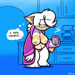 anthro appliance areola beverage breasts clothed clothing coffee coffee_maker coffee_mug detailed_background fangs female fur genitals inside kitchen kitchen_appliance mostly_nude navel nipples open_clothing open_robe robe robe_only slightly_chubby solo teeth text thought_bubble vulva white_body white_fur wings theenfman sega sonic_the_hedgehog_(series) rouge_the_bat bat mammal 1:1 english_text hi_res
