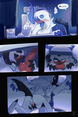 animal_genitalia animal_penis blue_body blue_eyes bodily_fluids canine_genitalia canine_penis claws duo erection female feral fur genitals heart_symbol knot male male/female oral oral_penetration paws penetration penile penile_penetration penis pupils quadruped saliva sex sheath sitting white_body white_fur tenebscuro nintendo pokemon absol generation_3_pokemon pokemon_(species) hi_res