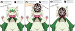 anthro breast_curtains breasts dialogue duo female fur green_body green_fur mask mask_off maskless medium_breasts navel open_mouth pawpads pokemorph red_eyes simple_background solo_focus text thick_thighs unmasked white_background wide_hips anmijoy nintendo pokemon twitter felid feline generation_9_pokemon mammal meowscarada pokemon_(species) 2024 comic digital_media_(artwork) english_text hi_res
