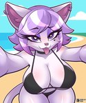 anthro beach big_breasts bikini bikini_top blue_eyes blue_hair blush body_blush breast_blush breasts clothing collar ear_piercing eyelashes eyeliner female fur hair happy heart_eyes heart_symbol looking_at_viewer makeup piercing ring_piercing sea seductive selfie solo swimwear three-quarter_view two-piece_swimsuit water white_body wide_hips conditional_dnp zerlix_fox britney_(chaclaveloz) domestic_cat felid feline felis mammal 2025 absurd_res digital_media_(artwork) hi_res signature