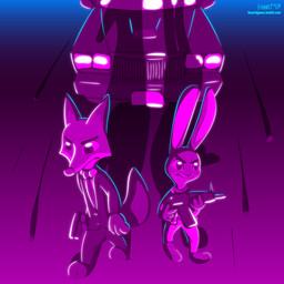 3_toes 4_fingers anthro barefoot bisexual_lighting bottomwear car clothed clothing duo feet female fingers fur gun handgun high-angle_view holding_gun holding_object holding_ranged_weapon holding_weapon long_ears male necktie pants pistol ranged_weapon rifle standing suit synthwave toes toony vehicle walking weapon fanartiguess disney zootopia judy_hopps nick_wilde canid canine fox lagomorph leporid mammal rabbit red_fox true_fox 1:1 2017 absurd_res cool_colors hi_res purple_theme