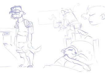 anthro bed clothed clothing fully_clothed furniture hat headgear headwear male paws school sleeping spinater goosebumps hisswoof canid canine canis domestic_dog human hybrid mammal reptile scalie snake 4:3 blue_and_white monochrome