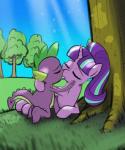 age_difference duo eyebrows eyelashes eyes_closed female feral hair hand_on_cheek horn interspecies kiss_on_lips kissing lying male older_female on_side outside pink_body plant purple_body purple_hair tail tree younger_male burning-heart-brony friendship_is_magic hasbro my_little_pony mythology spike_(mlp) starlight_glimmer_(mlp) dragon equid equine horse mammal mythological_creature mythological_equine mythological_scalie pony scalie unicorn 2016 digital_media_(artwork) hi_res