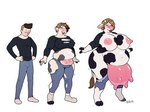 anthro base_one_layout basic_sequence big_breasts blush bottomwear breast_growth breasts breasts_and_teats clothed clothing denim denim_bottomwear denim_clothing female footwear gender_transformation growth hair happy huge_breasts human_to_anthro jeans legwear linear_sequence male mtf_transformation nipples one_row_layout open_mouth overweight overweight_female pants shirt short_hair simple_background smile socks solo species_transformation standing teats three_frame_image three_frame_sequence topwear torn_clothing transformation transformation_sequence udders weight_gain white_background wide_hips blackshirtboy varky bovid bovine cattle holstein_friesian_cattle human mammal 2018 hi_res sequence