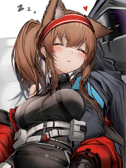 accessory blush breasts brown_hair duo eyes_closed female female_focus hair headband heart_symbol sleeping solo_focus sound_effects vowelless vowelless_sound_effect zzz tabhead arknights hypergryph studio_montagne angelina_(arknights) doctor_(arknights) animal_humanoid canid canid_humanoid canine canine_humanoid fox_humanoid humanoid mammal mammal_humanoid 2022 absurd_res hi_res