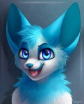 2020 ambiguous_gender anthro black_eyebrows bloominglynx blue_body blue_ears blue_eyes blue_fur blue_inner_ear bust_portrait canid canine cheek_tuft digital_media_(artwork) eyebrows facial_tuft fangs fennec_fox finouk fox fur glistening glistening_eyes head_tuft hi_res looking_at_viewer mammal neck_tuft nude open_mouth open_smile pink_tongue portrait shaded signature simple_background smile solo teeth tongue true_fox tuft white_body white_fur