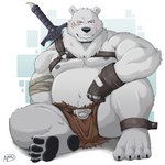 anthro belly big_belly black_nose blush bottomwear clothing feet fur humanoid_hands kemono loincloth male moobs navel nipples overweight overweight_male scar sitting solo weapon white_body white_fur naruever bear mammal polar_bear ursine 1:1 2022