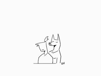 anthro breasts cleavage clothed clothing duo eyes_closed female frown grey_background hair headpat male petting raised_arms short short_hair simple_background smile sound_effects deltav anon canid canine canis dobermann domestic_dog human mammal pinscher 4:3 animated short_playtime signature