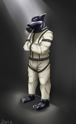 3_toes anthro bdsm biped bodysuit bondage bound clothed clothing collar feet gas_mask gimp gimp_suit harness kidnapping latex lock male mask metal_collar muscular muscular_anthro muscular_male padlocked_collar restraints simple_background skinsuit solo spreader_bar standing straitjacket submissive submissive_male tight_clothing toes archy- canid canine canis coyote mammal 2016 absurd_res hi_res