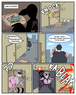 anthro apartment apartment_building assassin assassination balaclava bathrobe beak big_breasts big_butt bomb bottomwear breasts butt city claws clothing confusion container cup day delivery_(commerce) denim denim_bottomwear denim_clothing dialogue disposable_cup door doorway explosion explosives female fire flying group huge_breasts jeans larger_female light male markings mask outside overweight package pants postal_delivery raccoon_tail robe shocked size_difference stealing stripes sunlight tail tail_markings text tired toe_claws trio waking_up wings diegutan carmen_the_crow uva_the_raccoon avian bird corvid corvus_(genus) crow human mammal oscine passerine procyonid raccoon 4:5 absurd_res aliasing binary_drawing comic digital_drawing_(artwork) digital_media_(artwork) english_text hi_res