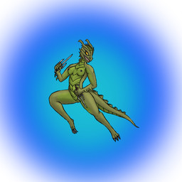 anthro breasts female genitals green_body horn melee_weapon ninja nude_anthro orange_eyes sai_(weapon) scutes solo spikes spikes_(anatomy) tail vulva warrior weapon shadeominus epic_games fortnite mythology synthesis_(fortnite) dragon mythological_creature mythological_scalie scalie 1:1 hi_res