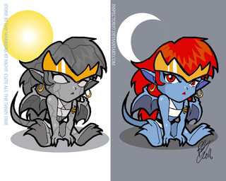 armband blue_body blue_skin chibi day ear_piercing female frown hair inanimate_transformation looking_at_viewer monster_girl_(genre) moon multiple_poses night petrification piercing pose red_eyes red_hair simple_background sitting solo sun transformation inspector97 disney gargoyles demona_(gargoyles) gargoyle humanoid 2016