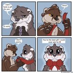 blush brown_body dialogue duo fur inflatable mane orange_eyes plushie purple_eyes smile toony symrea animate_inanimate living_inflatable mammal mustelid otter 1:1 comic hi_res