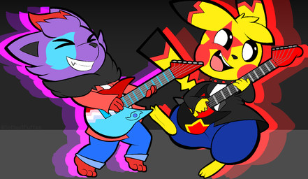 3_toes 4_fingers anthro black_background black_body black_clothing black_collar black_fur black_inner_ear black_jacket black_nose black_topwear blonde_hair blue_body blue_bottomwear blue_clothing blue_fur blue_pants bottomwear clothed clothing collar dipstick_tail duo electric_guitar eyes_closed fangs feet female fingers fur grin guitar hair jacket male mane markings multicolored_tail musical_instrument open_clothing open_jacket open_mouth open_topwear pants playing_guitar playing_music plucked_string_instrument purple_body purple_fur red_body red_cheeks red_clothing red_fur red_hair red_jacket red_topwear shirt simple_background smile spiked_collar spikes star_(marking) string_instrument tail tail_markings teeth toes topwear white_clothing white_shirt white_topwear yellow_body yellow_fur softestpuffss nintendo pokemon canid generation_1_pokemon generation_5_pokemon mammal murid pikachu pokemon_(species) rodent zorua 2021 hi_res