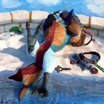 anthro bandoneon bathing clothing discarded_clothing feet lounging male musical_instrument partially_submerged raised_leg sky solo spread_legs spreading talons teasing toes water wet liosoun breath_of_the_wild nintendo tears_of_the_kingdom the_legend_of_zelda kass_(tloz) avian bird rito 1:1 hi_res