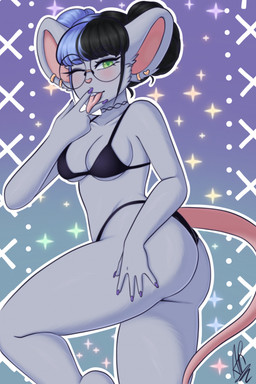 anthro black_hair breasts butt choker clothed clothing colored_nails double_bun ear_piercing eyewear female glasses hair hair_up heart_ear_piercing heart_nose heart_symbol jewelry looking_at_viewer nails necklace one_eye_closed piercing pose presenting presenting_hindquarters purple_hair purple_nails round_glasses solo tongue tongue_between_fingers tongue_out wink winking_at_viewer alexia_olivia_rose lily_(alexiaoliviarose) mammal mouse murid murine rodent hi_res pinup