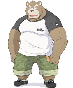anthro biceps blush bottomwear brown_body brown_fur camo camo_print cargo_shorts chest_tuft clothing eyes_closed facial_hair footwear fur kemono male musclegut muscular muscular_anthro muscular_male pecs shirt shoelaces shoes shorts simple_background smile socks solo t-shirt topwear tuft white_background shiike999 bear mammal 2015 5:6 hi_res