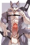 abs anthro balls biceps big_penis black_eyes canid canine canis canyne capcom erection genitals hi_res humanoid_genitalia humanoid_penis looking_at_viewer male mammal monster_hunter muscular muscular_anthro muscular_male nipples obliques palamute pecs penis serratus solo standing straps sweaty_abs wolf zex