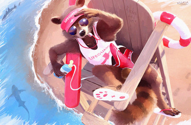 anthro balls beach brown_body brown_fur bulge clothing container erection erection_under_clothing eyewear feet fingers footwear fur genitals hat headgear headwear holding_container holding_object holding_sunscreen lifeguard lifeguard_chair lifeguard_swimsuit looking_at_viewer male mismatched_genitalia mismatched_penis outside sand sandals seaside shoes sitting solo speedo spread_legs spreading sunglasses sunscreen swimwear tail tenting text toes topwear water whistle_(object) whistle_in_mouth sidekick guardians_of_the_galaxy marvel rocket_raccoon mammal procyonid raccoon digital_media_(artwork) english_text hi_res