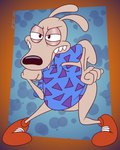 anthro bottomless clothed clothing footwear hand_on_hip male raised_tail shirt shoes solo squinted_eyes tail teeth thick_tail topwear gavanzude nickelodeon rocko's_modern_life rocko_rama macropod mammal marsupial wallaby alternate_version_at_paywall hi_res