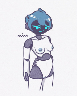 black_body blue_eyes blue_hair breasts camel_toe ear_covers female genitals hair looking_at_viewer machine multicolored_body nude screen screen_face short_hair simple_background solo two_tone_body vulva white_body not_anim unnamed_character humanoid robot robot_humanoid traditional_media_(artwork)