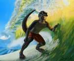 2016 5_fingers absurd_res anthro biped clothed clothing digital_media_(artwork) fingers fur hi_res male mammal mustelid open_mouth otter raised_tail refraction sea solo standing surfboard surfer surfing swish tail topless transmission vehicle water watercraft wave wet