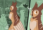 anthro avian beak bird booth_(structure) brown_body bubowl candle colored comic detailed_background eurasian_eagle-owl feathered_wings feathers food green_background hi_res horned_owl kinky_owls male market meat orange_body orange_eyes owl rozalid simple_background solo true_owl wings