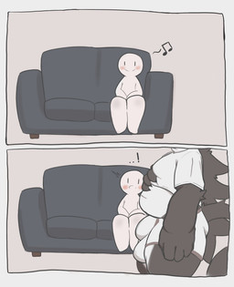 ambiguous_gender anthro balls_outline belly big_bulge biped black_body black_fur blush bottomwear bulge clothed clothing clothing_lift detailed_bulge duo fur furniture genital_outline hair huge_bulge human_on_anthro interspecies larger_anthro larger_male long_hair male male/ambiguous male_anthro male_on_human navel overweight overweight_anthro overweight_male raised_clothing raised_shirt raised_topwear shirt sitting size_difference smaller_ambiguous smaller_human sofa standing tail topwear underwear white_body white_fur yuta1cc anon yuta_(yuta1cc) domestic_cat felid feline felis human humanoid mammal tuxedo_cat absurd_res comic hi_res