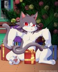 2_tails anthro christmas_tree gift hair holidays looking_at_viewer male mane mane_hair multi_tail pawpads plant red_eyes solo tail tree window mousesix arc_system_works blazblue christmas jubei_(blazblue) domestic_cat felid feline felis mammal 4:5 hi_res