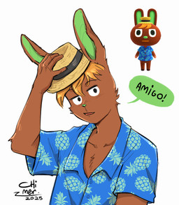 aloha_shirt anthro black_eyes blonde_hair blue_clothing blue_dress_shirt blue_shirt blue_topwear brown_body brown_fur closed_smile clothed clothing collared_shirt fur green_nose hair hat headgear headwear holding_clothing holding_hat holding_headgear holding_headwear holding_object looking_at_viewer male mouth_closed pattern_clothing pattern_shirt pattern_topwear shirt simple_background smile solo tan_hat tan_headwear three-quarter_view topwear white_background chimerz animal_crossing nintendo o'hare_(animal_crossing) lagomorph leporid mammal rabbit digital_media_(artwork) hi_res