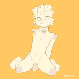 anthro arm_tuft balls becoming_erect blush bodily_fluids body_blush chastity_cage chastity_device collar erection eyebrows facial_tuft floppy_ears foreskin genitals hands_behind_back kneeling looking_at_genitalia looking_at_penis looking_at_viewer male male_anthro penis penis_blush shoulder_tuft simple_background solo sweat sweatdrop throbbing throbbing_penis tuft yellow_background young young_anthro young_male regcron crowl_(regcron) canid canine canis domestic_dog mammal 1:1 2025 2d_animation animated no_sound short_playtime video