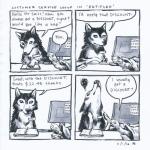 1:1 2016 4koma absurd_res anne_barnetson base_two_layout black_nose canid canine canis comic customer_service_wolf dialogue duo english_text feral four_frame_image greeting grid_layout hi_res mammal question_mark reptile scalie snout speech_bubble text traditional_media_(artwork) turtle two_row_layout wolf