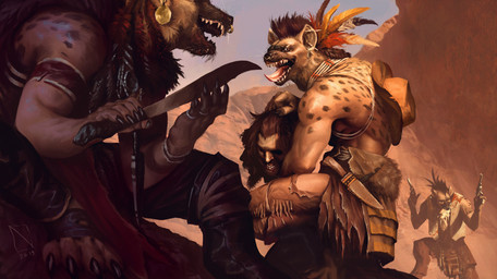 anthro beard blood bodily_fluids bottomwear brown_body brown_fur claws clothing day ear_piercing facial_hair facial_piercing fur group gun hat headgear headwear holding_gun holding_knife holding_object holding_ranged_weapon holding_weapon knife loose_feather male markings nose_piercing nose_ring open_mouth outside pants piercing ranged_weapon ring_piercing severed_body_part severed_head smile spots spotted_body weapon narendra_bintara_adi human hyena mammal absurd_res hi_res