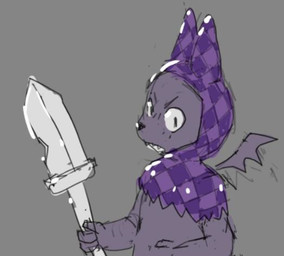 anthro checkered checkered_clothing cloak clothing fur grey_background holding_melee_weapon holding_object holding_sword holding_weapon male melee_weapon pattern_clothing purple_body purple_cloak purple_clothing purple_fur purple_hood simple_background solo sword weapon bravobunny bat mammal half-length_portrait portrait