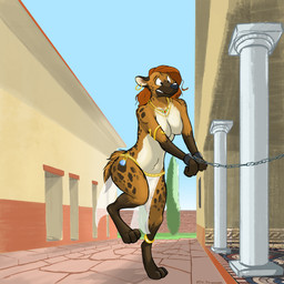 ancient_rome anklet anthro armlet auburn_hair bdsm black_nose bondage bottomwear bound breasts chain clenched_teeth clothed clothing cuff_(restraint) digitigrade ear_piercing ear_ring eyebrows eyelashes female fur gloves_(marking) gold_(metal) gold_jewelry green_eyes grimace hair hands_tied jewelry leg_markings loincloth markings navel necklace nipples outside piercing red_hair restraints ring_piercing roman scared shackles slave snout socks_(marking) solo spots spotted_body spotted_fur teeth topless topless_anthro topless_female translucent translucent_clothing translucent_loincloth amtrack88 hyena mammal spotted_hyena 1:1 digital_media_(artwork) hi_res