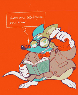 anthro biped bow_tie clothing eyewear glasses gloves handwear humanoid_hands orange_background shirt simple_background solo standing text topwear nonnon_grr mad_rat_dead nippon_ichi_software mad_rat_(mad_rat_dead) mammal murid murine rat rodent 2026 english_text hi_res