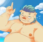 anthro belly big_belly brown_body brown_fur cloud fur male moobs nipples outside overweight overweight_male smile solo ezvany2 lifewonders tokyo_afterschool_summoners ganglie_(tas) mammal suid suina sus_(pig) wild_boar 2024 hi_res