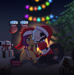 anthro chibi clothed clothing duo holidays male male/male non-mammal_hair skimpy freakster christmas tusk_(bleats) xiro_decobray deer mammal reptile scalie snake water_deer hi_res