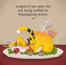 anthro apple aroused belly big_butt blush bodily_fluids bound butt claws cum cum_drip cum_in_ass cum_in_mouth cum_inflation cum_inside cum_on_face cum_on_food cumshot dinner dinner_table dripping ejaculation excited_face feet filled_belly food food_fetish food_in_mouth fruit genital_fluids half-closed_eyes holidays inflation lying male narrowed_eyes nude on_front pawpads paws plant plate potato raised_paw raised_tail salad solo stuffing tail text thick_thighs toe_claws used vegetable katxfish thanksgiving katxlogan avian bird domestic_cat felid feline felis galliform mammal phasianid turkey absurd_res hi_res meme