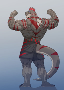 anthro back_muscles barefoot big_muscles black_bottomwear black_clothing black_shorts blue_background bottomwear claws clothed clothing deltoids dorsal_frill eye_scar facial_scar feet flexing flexing_bicep flexing_both_biceps forearm_muscles frill_(anatomy) furgonomic_pants gradient_background grey_body grey_scales grin hair huge_muscles looking_at_viewer male muscular muscular_anthro muscular_arms muscular_legs muscular_male pattern_bottomwear pattern_clothing pattern_shorts rear_view red_hair red_stripes scales scar shorts shorts_only simple_background smile solo striped_body striped_bottomwear striped_clothing striped_scales striped_shorts stripes tail toe_claws topless trapezius vein veiny_muscles yellow_eyes koreanhusky soonsky soonsky_ksk luter_maximus dinosaur prehistoric_species reptile saurischian scalie theropod tyrannosaurid tyrannosauroid tyrannosaurus tyrannosaurus_rex 2022 absurd_res hi_res