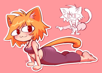 :3 barefoot blonde_hair bottomwear breasts cleavage clothed clothing feet female hair inner_ear_fluff looking_at_viewer midriff pants pupils red_eyes slit_pupils solo stretching tail tuft yoga yoga_pants iseenudepeople tsukihime type-moon neco-arc animal_humanoid cat_humanoid felid felid_humanoid feline feline_humanoid humanoid mammal mammal_humanoid neco_spirit tailed_humanoid 2025 hi_res