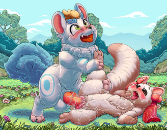 3_claws 3_toes animal_genitalia animal_penis balls big_balls big_penis black_nose blue_body blue_fur blue_markings blue_sky blue_tail blush bodily_fluids canine_genitalia canine_penis chest_tuft claws clitoris cloud day detailed_background duo fangs feet female female_feral female_penetrated feral feral_on_feral feral_penetrated feral_penetrating feral_penetrating_feral flower fur fur_markings genital_fluids genitals grass green_eyes holding_leg interspecies knot knotted_penis leg_glider_position leg_markings looking_pleasured looking_up lying male male/female male_feral male_penetrating male_penetrating_female markings multicolored_body multicolored_fur nature neck_tuft on_back on_grass on_ground open_mouth outside outside_sex penetration penile penile_penetration penis penis_in_vagina pink_body pink_clitoris pink_ears pink_fur pink_inner_ear pink_tail pink_vulva plant raised_leg red_blush red_penis red_tongue sex sky snout spread_legs spreading tail teeth toes tongue tongue_out tree tuft vaginal vaginal_fluids vaginal_fluids_on_penis vaginal_penetration vulva white_balls white_body white_ears white_fur kitsune_youkai fabulous_beasts mythology tianlu_(fabulous_beasts) tubaoshu_(fabulous_beasts) herpestid mammal mongoose mythological_creature pixiu 2026 digital_media_(artwork)