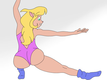 anthro blonde_hair clothed clothing female footwear green_eyes hair legwear looking_aside rear_view simple_background socks solo tights yoga drreverb hanna-barbera swat_kats callie_briggs felid feline mammal 4:3 flat_colors hi_res