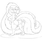 anthro balls big_balls big_breasts breasts genitals herm intersex looking_back multi_arm multi_breast multi_limb nude plantigrade pose pussy solo standing min_(artist) mammal mephitid skunk 1:1 hi_res monochrome