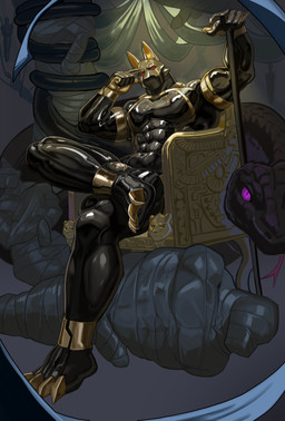 5_fingers abs anthro black_body bulge erection feet fingers golden_claws looking_at_viewer male markings muscular pecs red_eyes sitting wrapped yejibudingzi egyptian_mythology middle_eastern_mythology mythology anubis deity latex_creature reptile scalie snake 2026 absurd_res hi_res