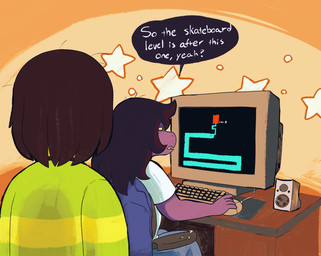 ambiguous_gender ambiguous_human anthro brown_hair chair clothing computer computer_mouse desk duo electronics female freckled_face freckles furniture gaming hair male on_chair playing_video_game purple_body purple_skin screen shirt simple_background sitting sitting_on_chair speaker speech_bubble star_symbol sweater table talking_to_another text topwear yellow_eyes fatz_geronimo deltarune scary_maze_game undertale_(series) kris_dreemurr susie_(deltarune) human mammal reptile scalie english_text shaded