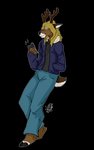 anthro antlers blonde_hair bottomwear brown_body brown_fur cellphone clothing coat dark_body dark_fur denim denim_bottomwear denim_clothing electronics fur hair hand_in_pocket headphones hooves horn jacket jeans male music pants parka phone pockets simple_background smartphone solo topwear kamiwolffromthedark_(artist) gavin_walkers cervine deer mammal 5:8 animated short_playtime